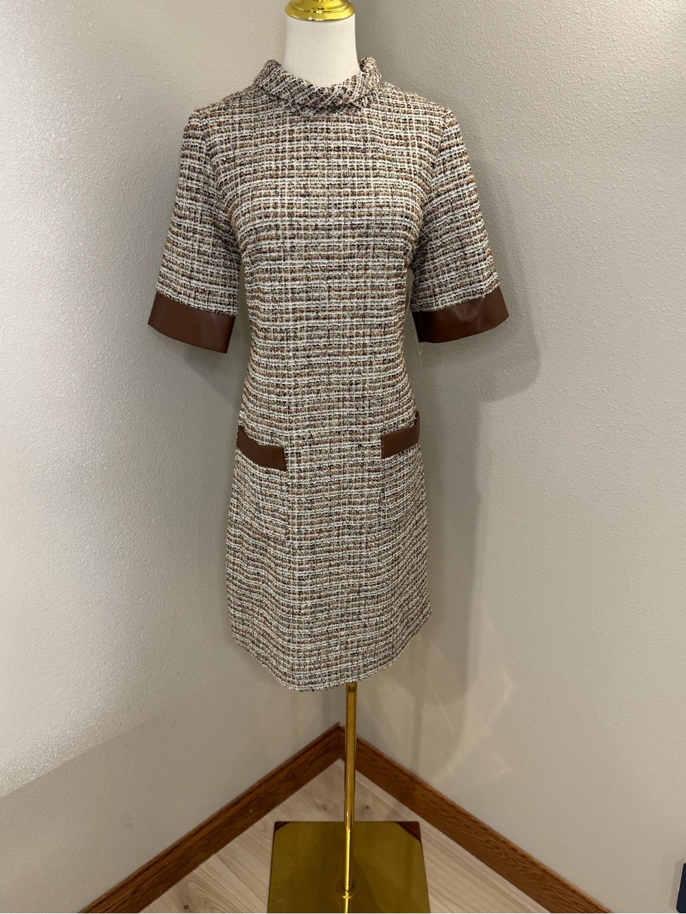 Julia Jordan Tweed Dress Size 10 Faux Leather Trim Brown Bouclé NWT